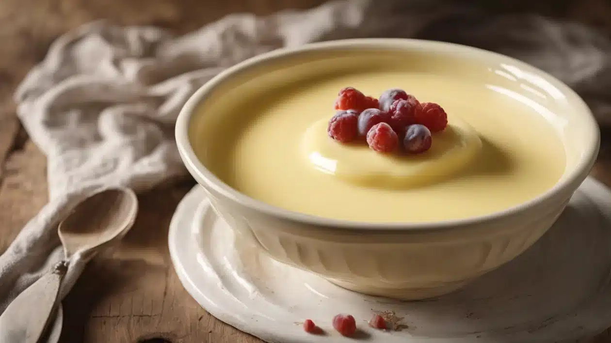 Bol de crème pâtissière à froid lisse et brillante, prête à être utilisée en pâtisserie.